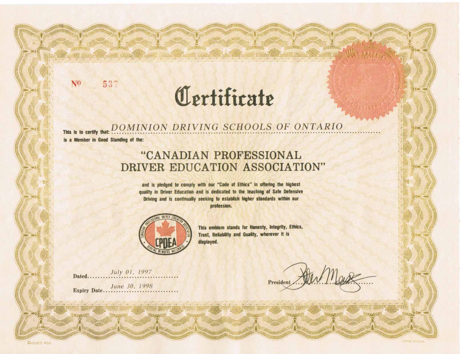 Driving Course Certificate Ontario Master of Documents